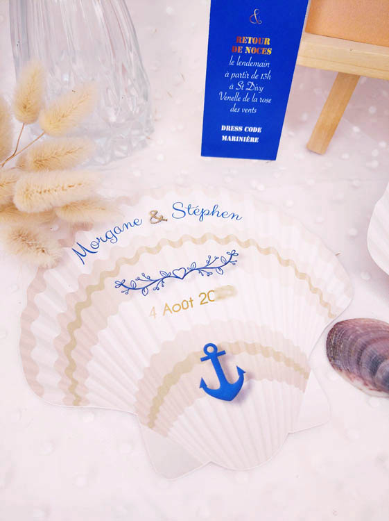 La mer Plage coquillage beige bleu et blanc menu mariage Brest Finistère