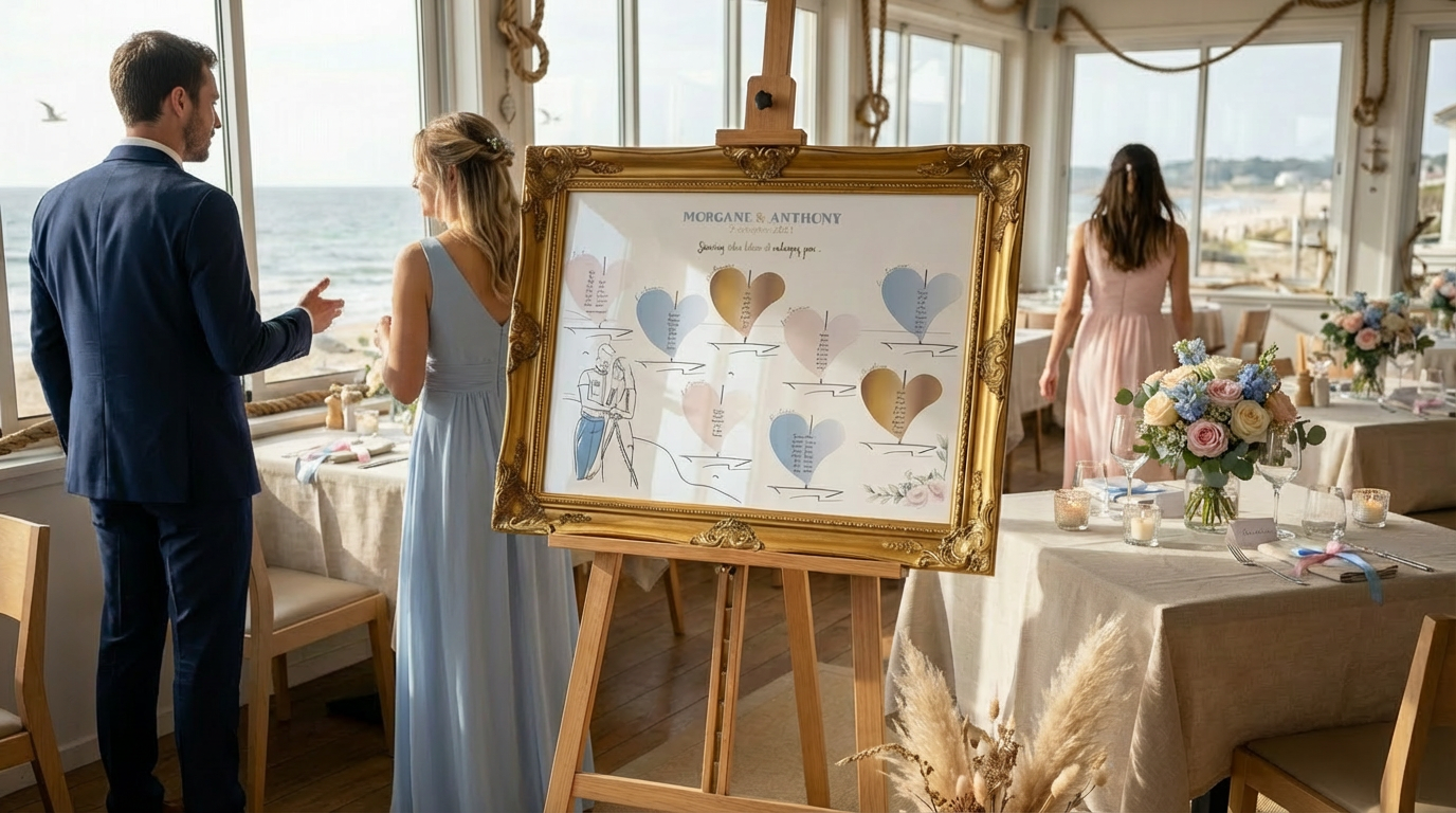 plan de table coeurs et voile rosse et bleu