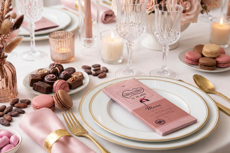 menu tablette de chocolat rose et marron sur assiette